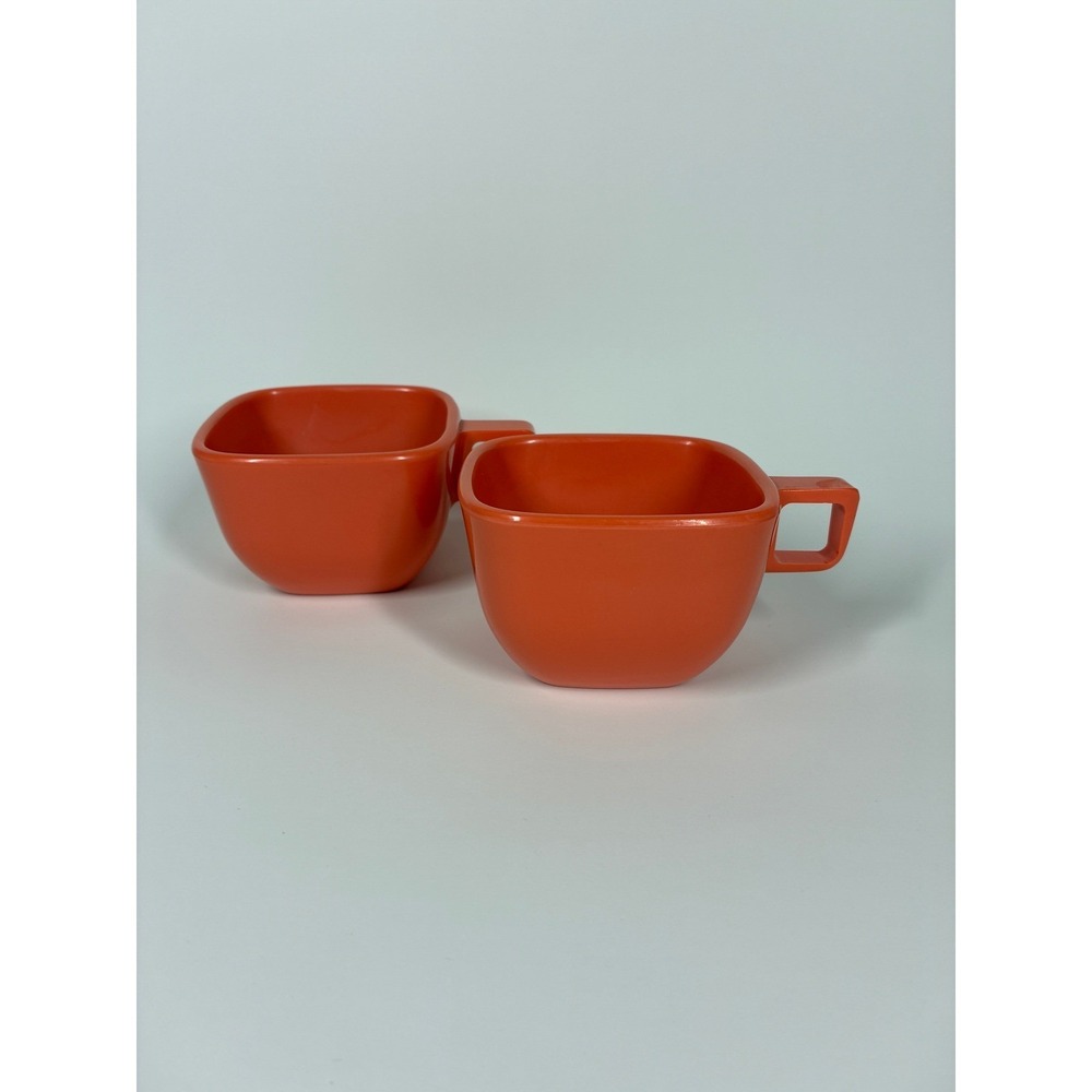 Vintage Brookpark B-6 Orange Melamine Square Coffee Cups Set of 2 MCM Midcentury